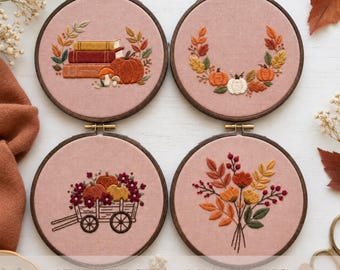 Fall Embroidery Pattern Bundle 4 Hoop Art Designs Pumpkin Wreath Autumn Bouquet Books Flower Wagon PDF