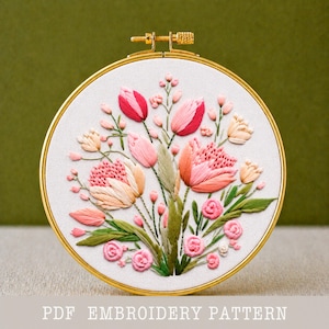野花の手刺繍パターン、ピンクの草原、手作り（PDFパターン） - Etsy 日本
