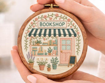 Bookstore Hand Embroidery Pattern: Whimsical Literary Scene (PDF Pattern, 6 Sizes)