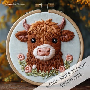 Highland Cow Embroidery Pattern, Farm Animal Hoop Art, Rustic Floral Design, PDF Instant Download, Hand Embroidery for Beginners, DIY Decor