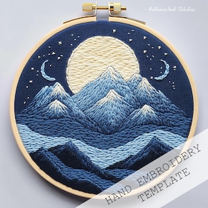 Landscape Hand Embroidery, PDF Pattern Template, Digital Stitching File, mountain scene, Hoop Art Design, easy Embroidery, Embroidery art