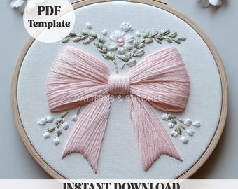 Pink Bow Hand Embroidery, PDF Pattern Template, Digital Stitching File, Coquette bow,Hoop Art Design, DIY Bow Embroidery, DIY Embroidery art