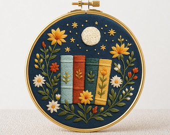 Magical Books Hand Embroidery Pattern: Floral Bookshelf Design (PDF Pattern, 6 Sizes)