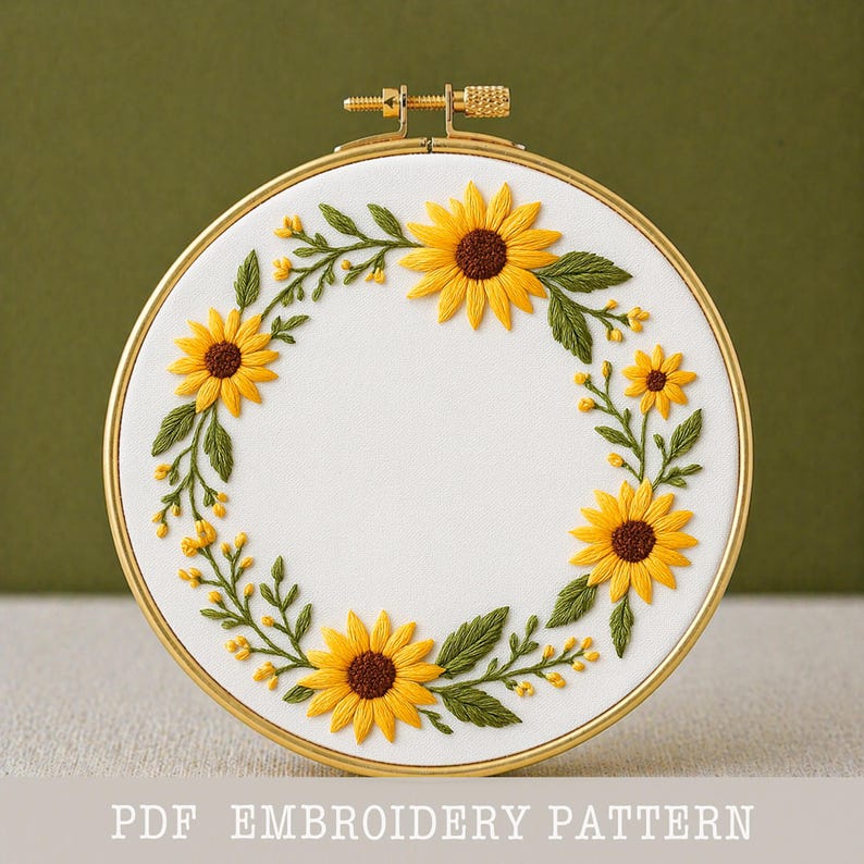 Sunflower Wreath Embroidery Pattern PDF Digital Download Summer Floral Hand Embroidery Template Sunflower Eucalyptus Needlework Project Botanical Hoop Art Yellow Sunflower Brown Center Motif Green Leaf Vine Design Satin Stitch Pattern DMC Color Chart Included Printable Embroidery Design Summer Wall Art Sunflower Botanical Wreath PDF Template Circular Wreath Olive Green Eucalyptus Yellow Bud Cluster Needlework Beginner Friendly Instructions DIY Wall Decor