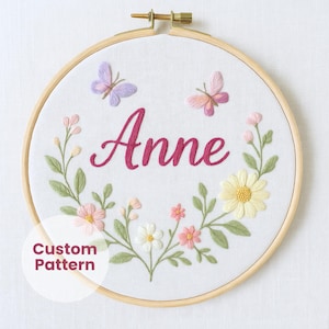 Custom Name Embroidery PDF Pattern – Floral Wreath with Butterflies – Personalized Hand Embroidery Hoop Design – Baby Girl Nursery Decor