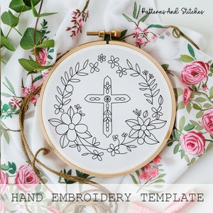 Floral Cross Hand Embroidery Pattern: Christian Easter Decor, Handmade ...