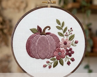 Mauve Pumpkin Embroidery Pattern PDF Floral Fall Hoop Art Dusty Rose Autumn Flower Design File