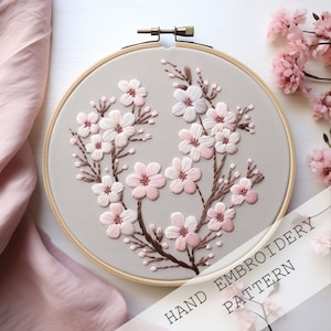 Schema ricamo fiori di ciliegio PDF, schema ricamo a mano digitale, schema ricamo fai da te PDF, piante fiori floreali rosa Sakura, arte botanica