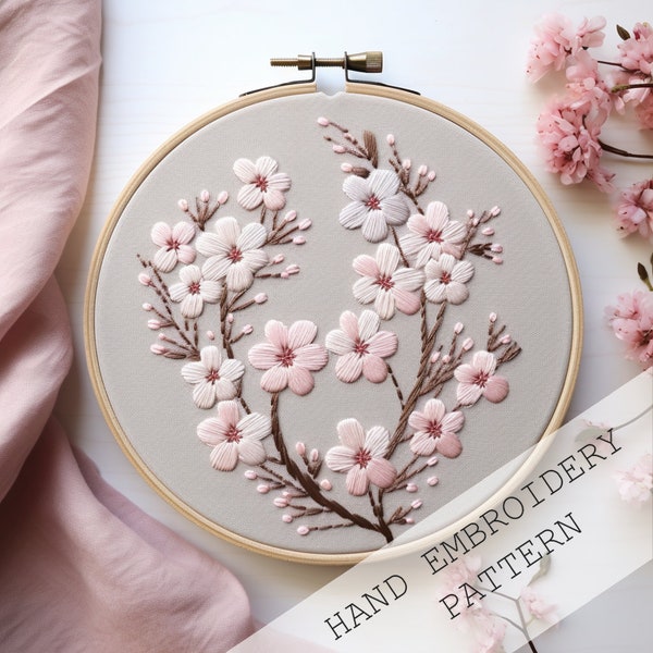 Cherry Blossom Embroidery Pattern PDF, Digital Hand Embroidery Pattern, DIY Embroidery PDF, Plants Flowers Floral Pink Sakura, botanical art