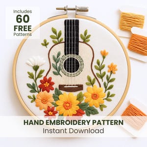 Floral Guitar Embroidery Pattern, Music Art, handmade project (PDF Pattern)