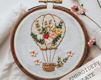 Floral Hot Air Balloon Embroidery, Hand Embroidery Template, Adventure Embroidery, Embroidery Flowers Design, Floral Embroidery Flowers Art