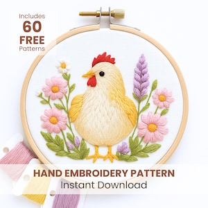 Floral Hen Embroidery, Chicken Embroidery, Rustic Embroidery, Floral Chicken, Farmhouse Decor, Hand Embroidery, easter decor, spring crafts