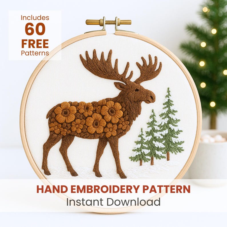 Moose Patterns Woodland Winter Moose Embroidery Pattern, Floral Animal, Modern Hoop ...