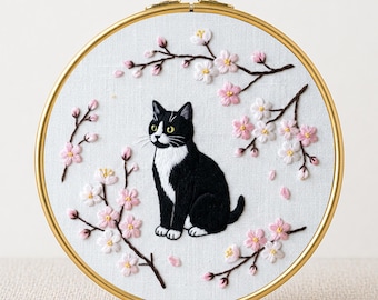 Sakura Cat PDF Pattern Tuxedo Cat Cherry Blossom Japanese Spring Needlework Instant Download Floral Pet Hoop Beginner Satin Stitch