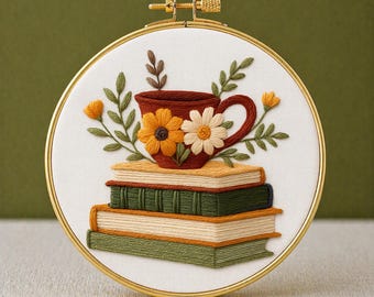 Patrón de bordado floral en PDF, diseño de bordado a mano para el Día Mundial de la Felicidad, plantilla de puntada caprichosa para hacer tú mismo con flores.