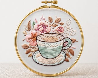 Floral Tea Cup Embroidery Pattern, Coffee Lover DIY (PDF Pattern)
