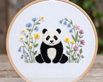 パンダの刺繍パターン：花柄動物クロスステッチ、手芸好きへのギフト