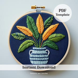 Banana leaves Vase, Tropical Leaves Embroidery, PDF pattern, Instant Download, greenery embroidery, plant lovers gift,  Beginners Stitchers