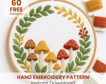 Bordado de corona de hongos, bordado de hongos estilo cottagecore, arte de bastidor de bordado de hongos, plantilla de bordado de seta, bordado de naturaleza