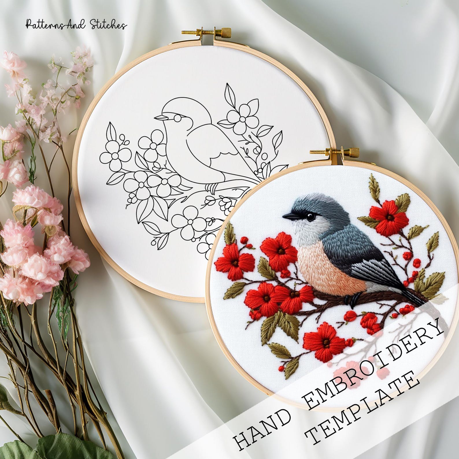 Bluebird & Red Flowers Hand Embroidery Pattern: Woodland Template (PDF ...