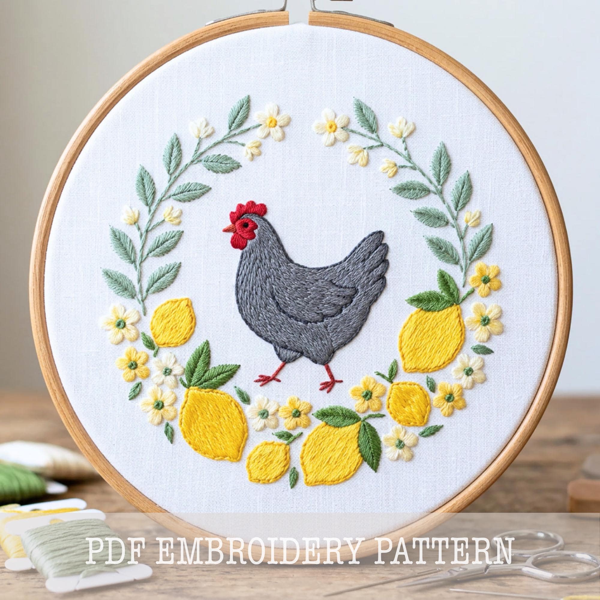 Lemon Chicken Embroidery Design: Farmhouse Hoop Art (digital