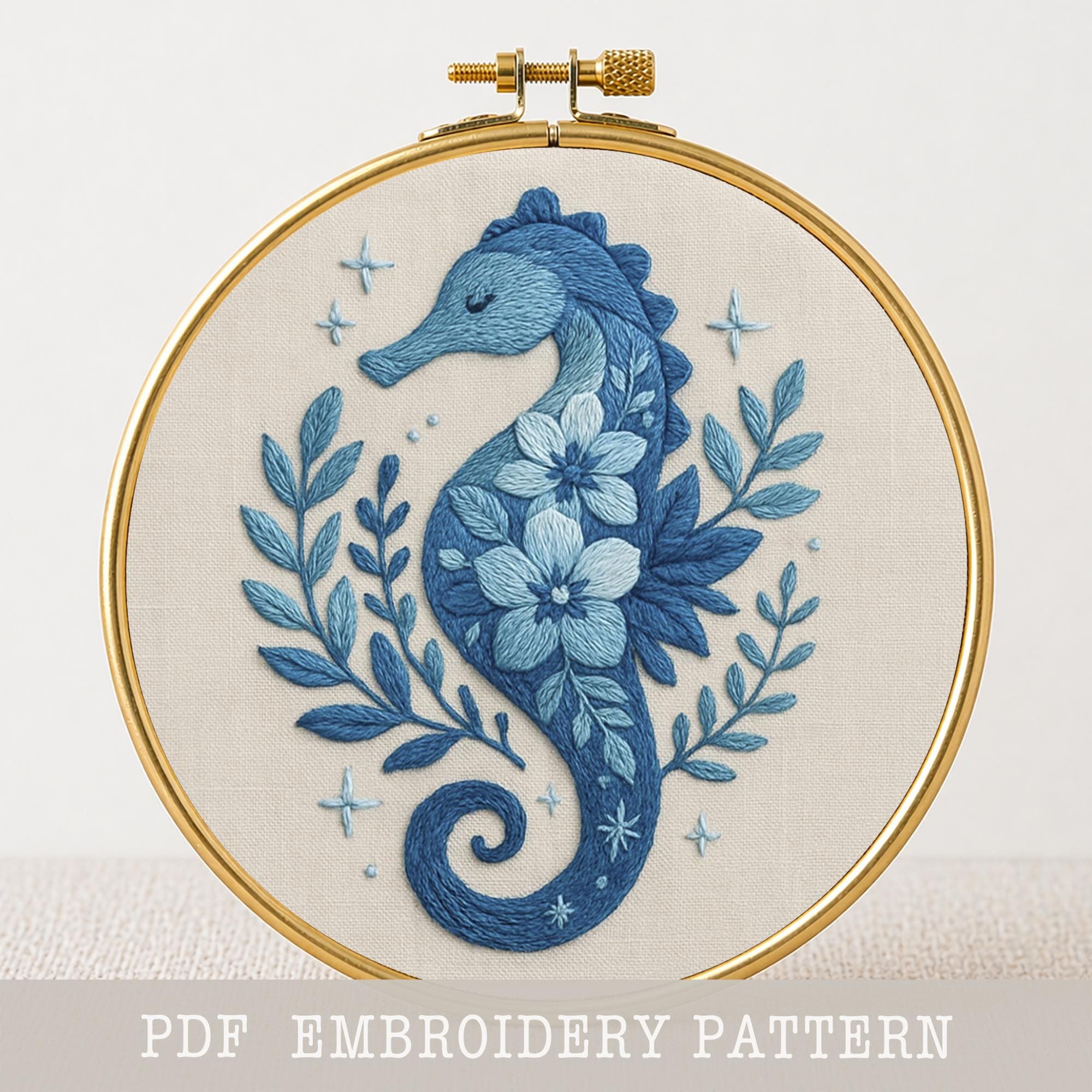タツノオトシゴの花柄刺繍パターン、オーシャンフープアート（PDF