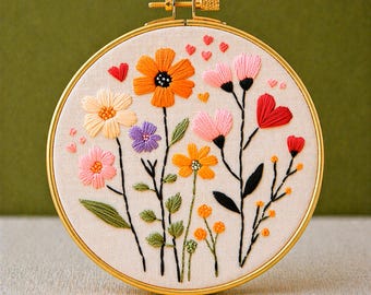 Patrón de bordado Corazón de Flores Silvestres en PDF, descarga instantánea, seis tamaños, ideal para principiantes, arte con bastidor de primavera, archivo de bordado botánico imprimible.