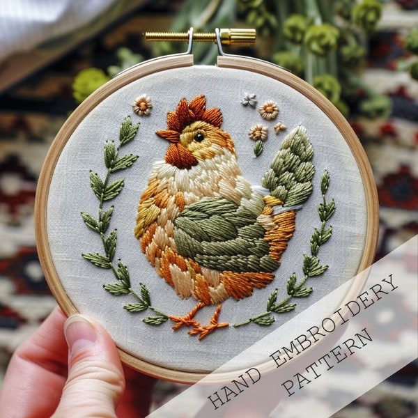 Floral Chicken Embroidery Pattern, PDF Pattern, Hen & Hare, Beginner Embroidery Pattern, Chicken Embroidery Pattern, Modern Hand Embroidery