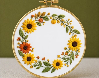ひまわりとバラのリースの手刺繍パターン、ギフトに最適（PDF