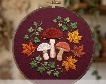 Autumn Mushrooms Embroidery Pattern, PDF Digital file, Mushroom template, PDF Pattern, Botanical Maple Leaf, Hoop Art, Printable Template
