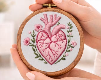 Anatomical Heart Floral Embroidery Pattern: Human Heart Needlepoint (Digital file)