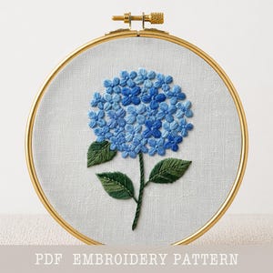 Op de afbeelding: Een ronde borduurring met een lichtgrijs stoffen paneel met een handgeborduurd hortensia-ontwerp. De bloem is gemaakt met verschillende tinten blauwe draad, terwijl de steel en drie bladeren zijn geborduurd met donkergroene draad.