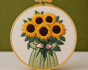 Bordado Floral Lady, patrón de aro con flores de pradera en PDF, diseño de bordado a mano realista con girasoles