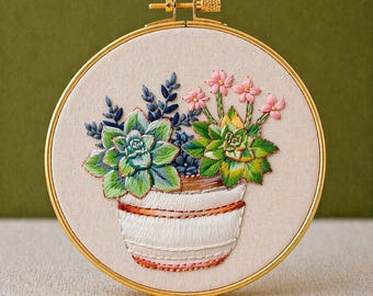 Può includere: Ricamo di piante grasse in un vaso bianco con accenti rosa e blu, in un cerchio dorato. Il ricamo presenta cuciture dettagliate e colori vivaci. Il testo "PDF EMBROIDERY PATTERN" è in basso.