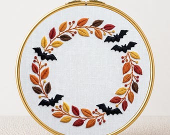 Autumn wreath Hand Embroidery Pattern: Witchy Halloween Decor, gift for crafter(PDF pattern)