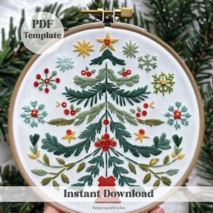 Ricamo a mano di un albero popolare, modello PDF, decorazioni natalizie, fai da te, mani creative, arte del ricamo, ricamo festivo, ricamo per le feste