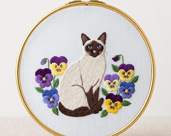 Siamese Kitty Pansy Embroidery Design PDF Needlework Pattern Beginner crafts Spring Decor violet Hoop Art Kitty Wall Decor Modern Design