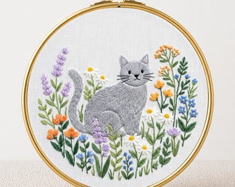 Spring Cat Embroidery Pattern PDF Digital Download Gray Cat Wildflower Garden Hoop Art Beginner Friendly Modern Needlework Floral Wall Art