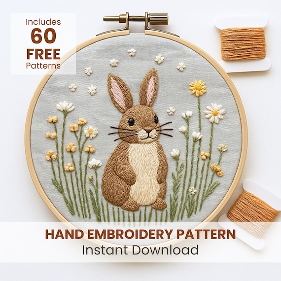 ガーデンバニー、イースターバニー、花の刺繍、葉の刺繍、植物の