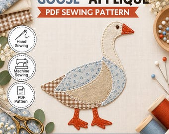 Goose Patchwork Applique Sewing Pattern | Printable PDF (7") + SVG Cut File | Country Goose hand sewing, Farmhouse Folk Art Animal Quilt