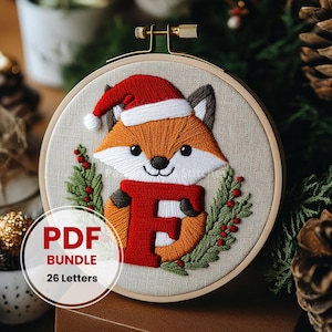 Padrão de bordado de letras de raposa de inverno, bordado de raposa de Natal, design de bordado, floresta de Natal, fontes de bordado, letras de pacote