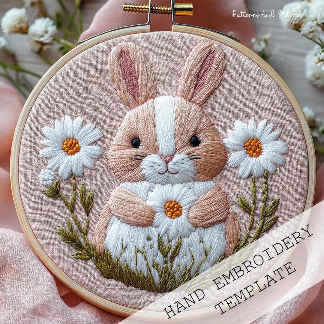 Bunny Daisy Hand Embroidery Pattern: Animal Hoop Art (PDF Template) - Etsy