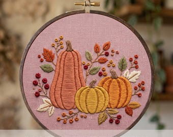 Hand Embroidery Pattern Pumpkin Trio PDF Download Harvest Squash Design Beginner Friendly Hoop Art Printable Autumn Fall Wall Decor