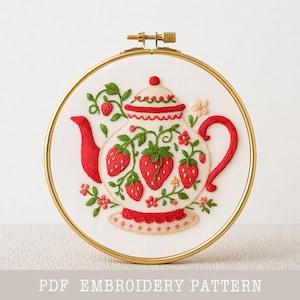 ストロベリーティーポットの刺繍パターン、花の針仕事、手芸（デジタルPDF）