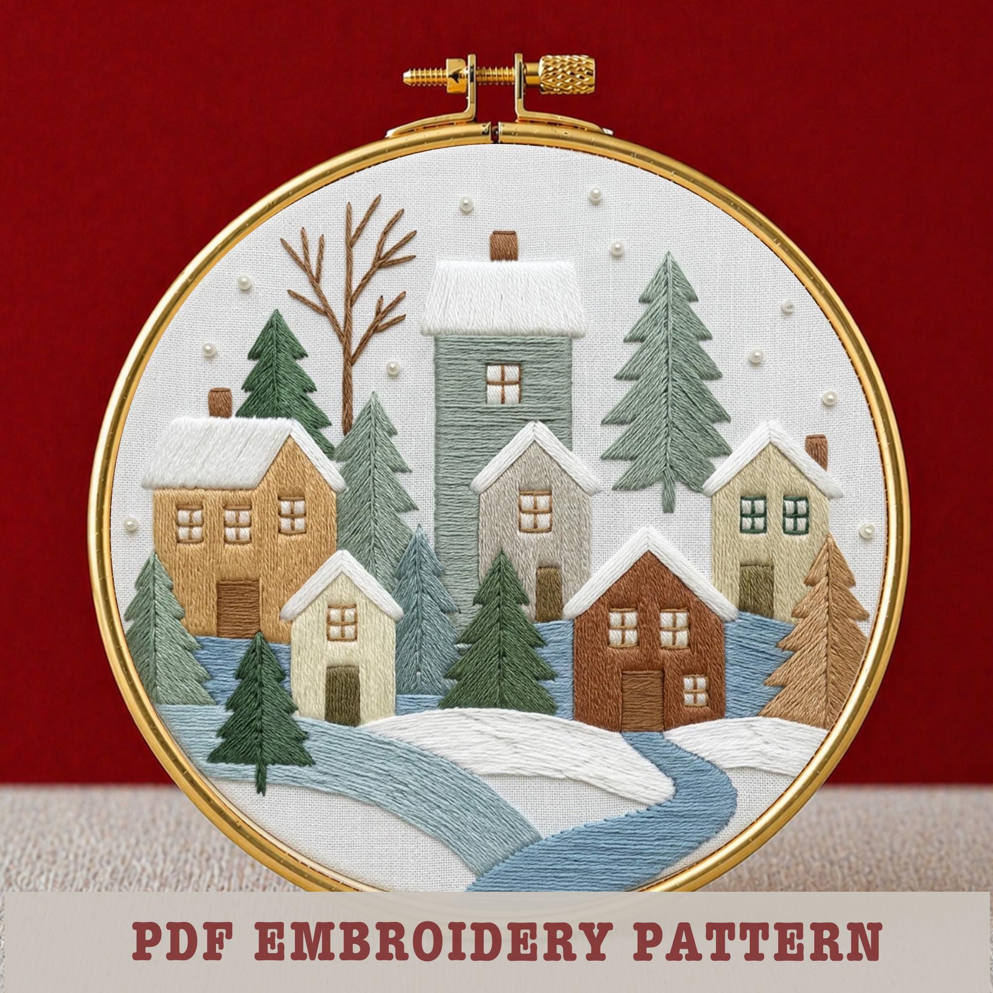 Winter Village Embroidery Pattern: Festive Holiday Design, PDF Template ...