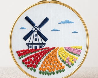 Dutch Windmill PDF Tulip Field Colorful Spring Landscape Hoop Needlework Beginner Instant Download Holland Floral Meadow Stitch Wall Art