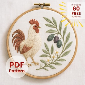 Rustic embroidery, PDF digital pattern, rooster and olive branch hoop design, farmhouse decor, chicken stitching file, DIY country animals