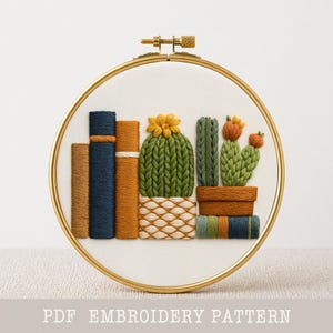 Cactus & Books Embroidery Pattern: Botanical Needlework Design, DIY wall art (PDF file)