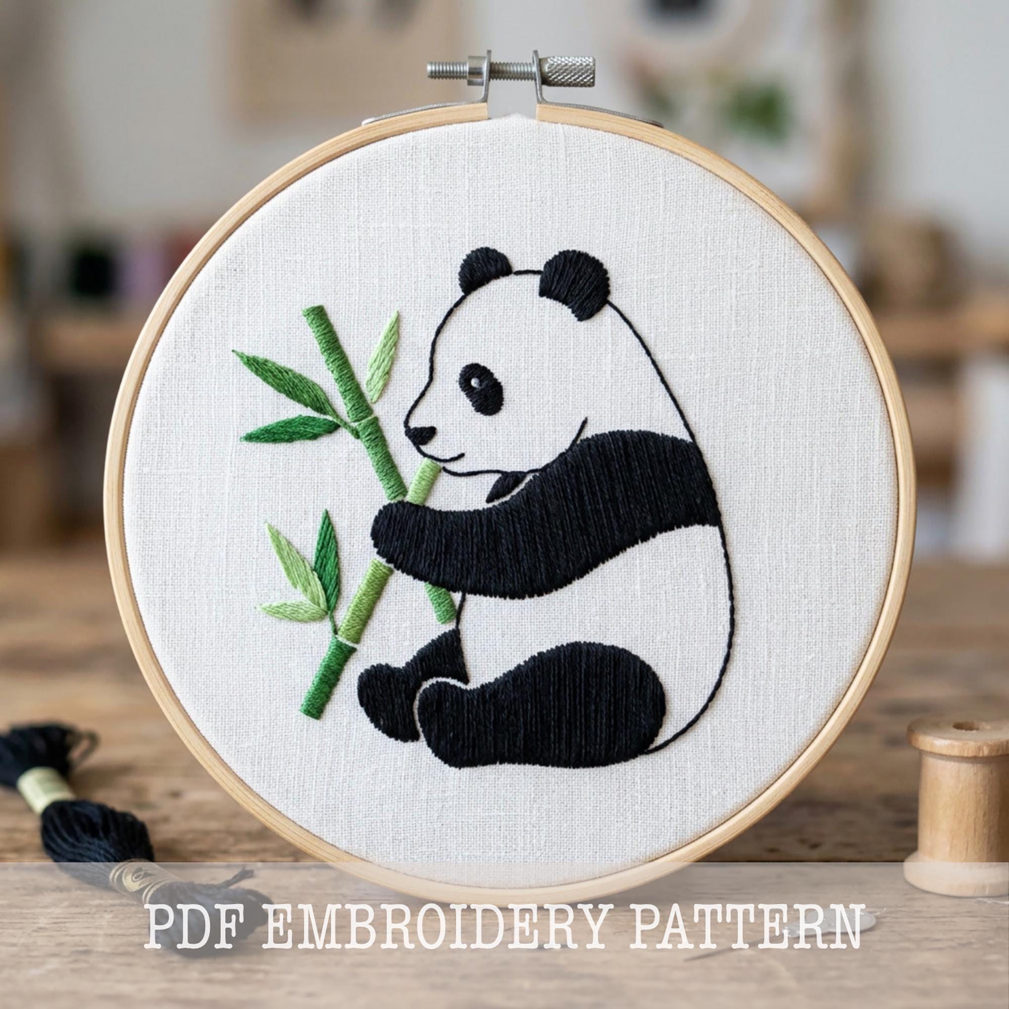 パンダの刺繍パターン：初心者向け手縫い、PDFテンプレート（即時