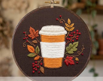 Pumpkin Spice Latte Embroidery Pattern (PDF) Fall Hand Embroidery, Hoop Art, Leaves Berries, Printable Template, Digital Download
